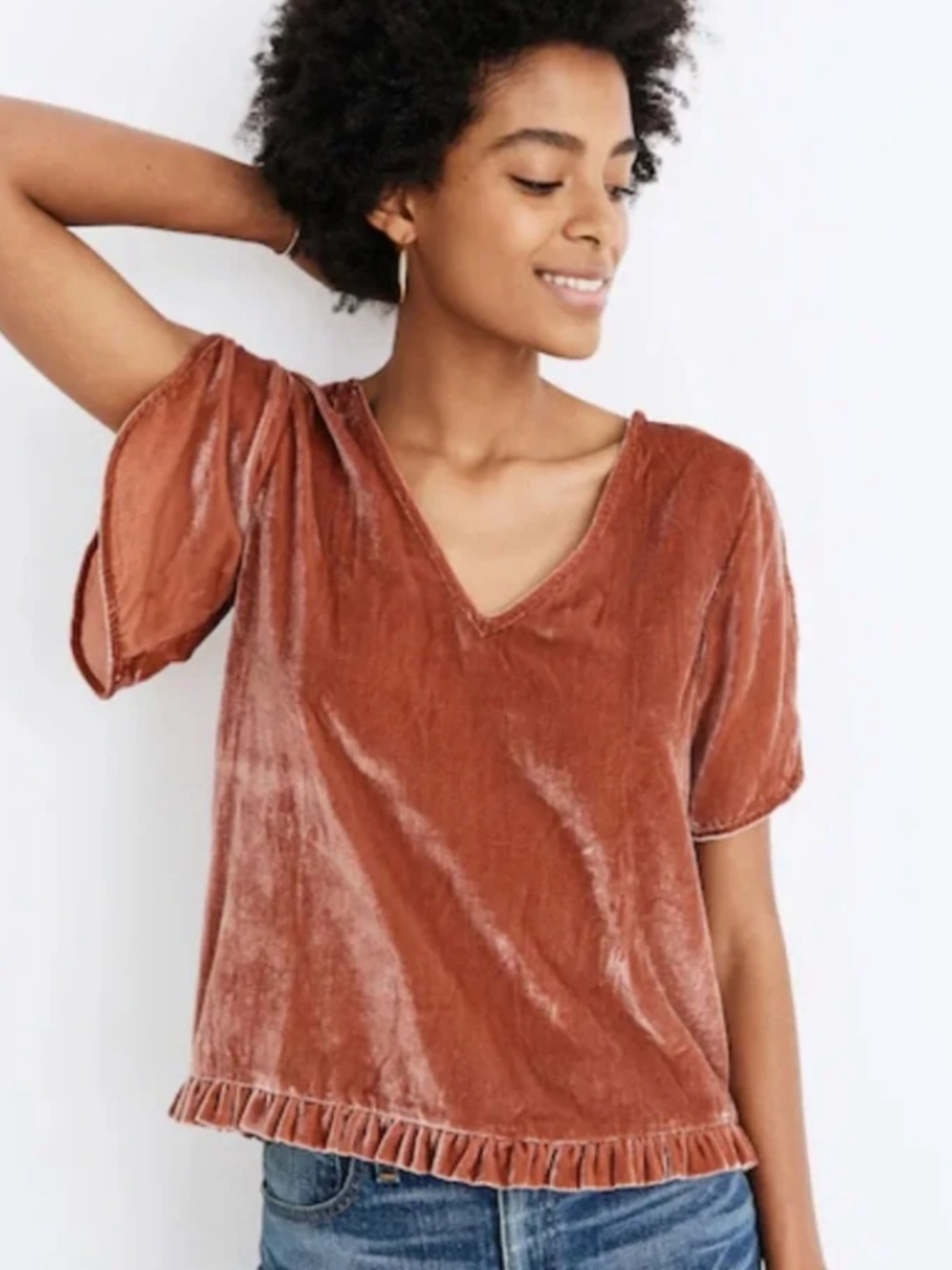 Madewell Velvet V-Neck Tulip Sleeve Ruffle Hem Top Afterglow Red (Pink) Small